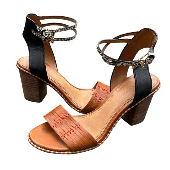 Coach Shoes - Coach Dexton Block Heel Sandals Size 7B Brown Leather Snake Print Ankle Strap
